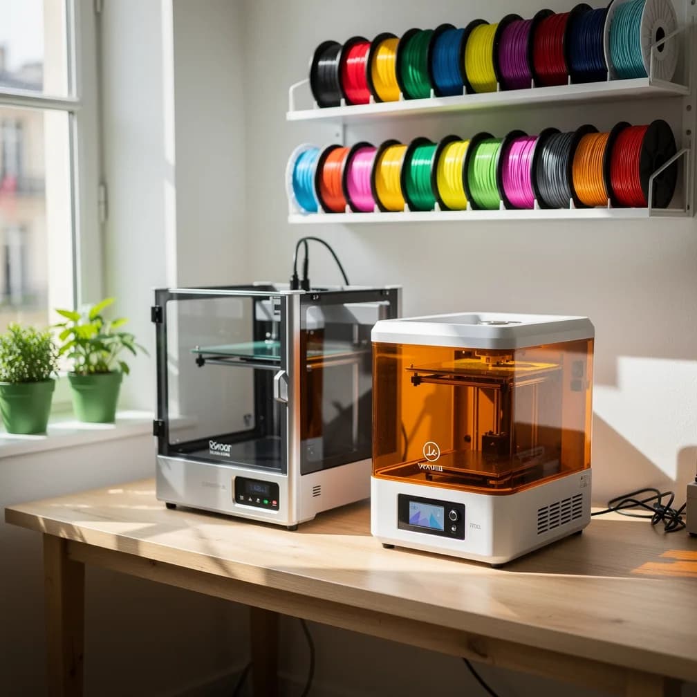 L'atelier : une imprimante à filament et une imprimante résine côte à côte